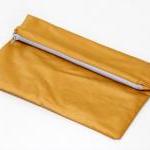 Fold Over Zipper Clutch In Mustard Yellow With..