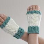 Cable Knit Wrist Warmers - Cream With Mint Green..