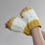 Cable Knit Wrist Warmers - Cream With Mustard..