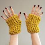 Mustard Yellow Chunky Crochet Wrist Warmers -..