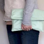 Fold over Zipper Clutch in Pastel Mint Green with Slate Grey (gray) lining