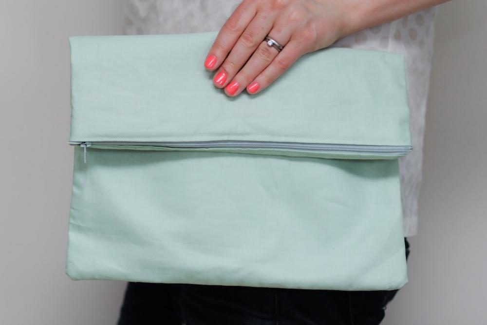 Fold Over Fabric Zipper Clutch In Pastel Mint Green With Slate Grey (gray) Lining