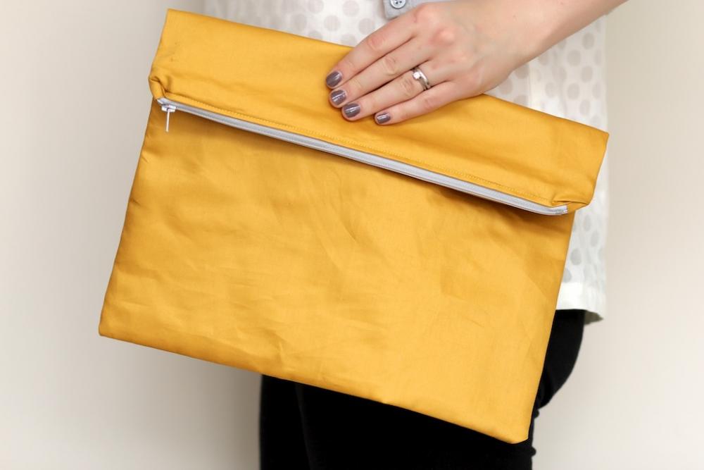 Fold Over Zipper Clutch In Mustard Yellow With Slate Grey (gray) Lining