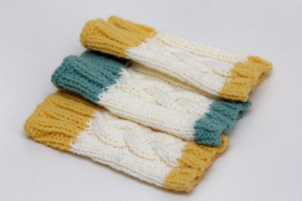 Cable Knit Wrist Warmers - Cream With Mustard Yellow Trim